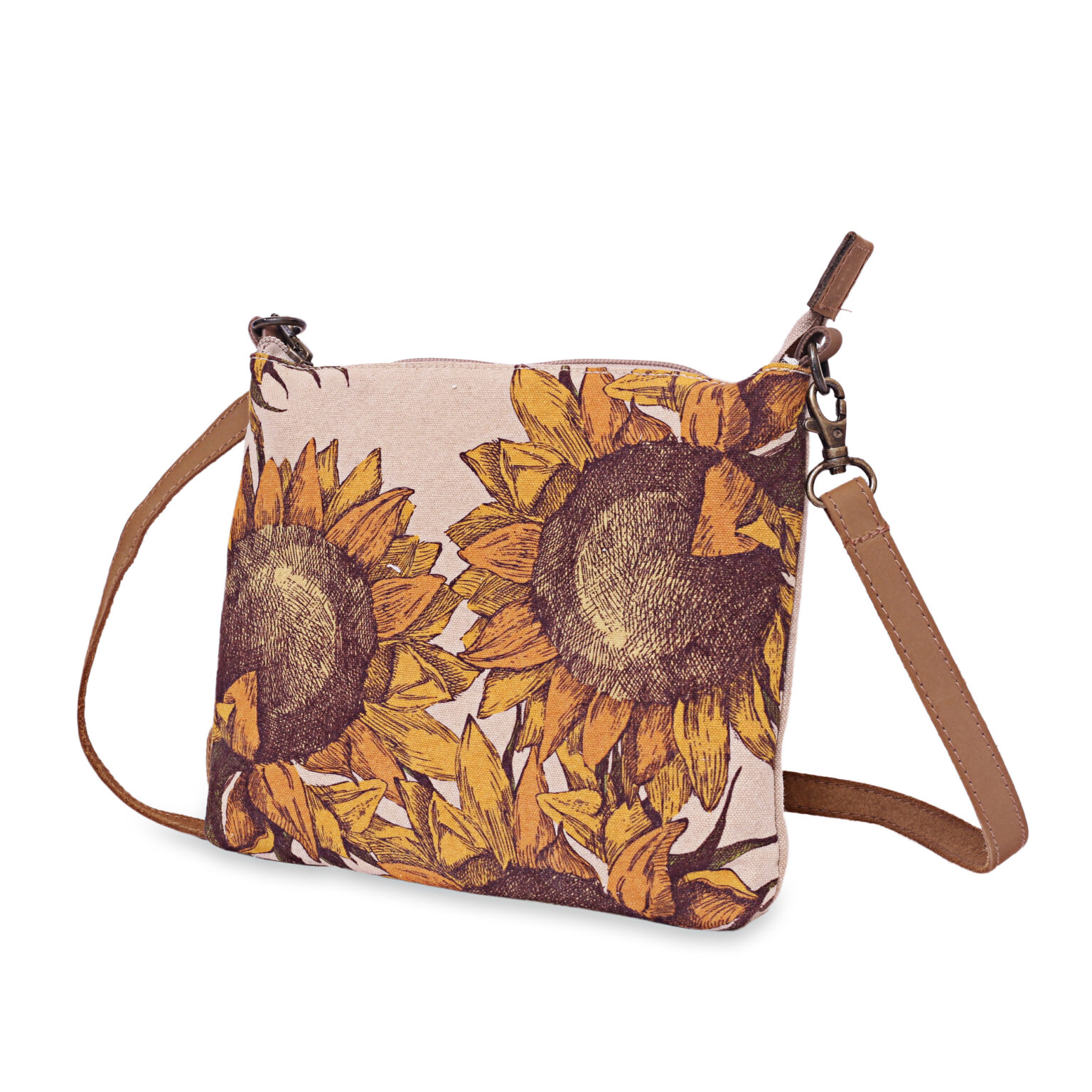 Sunflower Sling Bag, Cotton & Leather Shoulder Handbag - Jardinopia Ltd