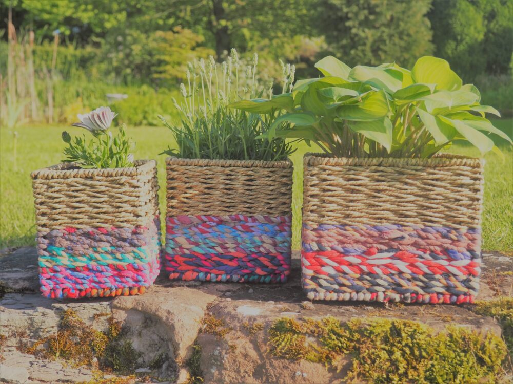 Munja And Reclaimed Sari Fabric Planter Set Of 3 - Image 7