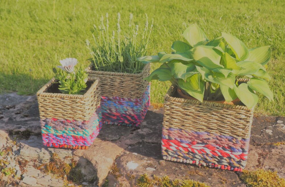 Munja And Reclaimed Sari Fabric Planter Set Of 3