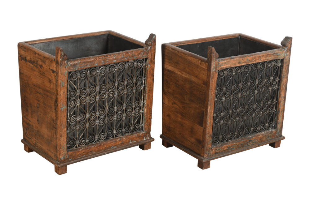 Indian Reclaimed Pair (2) Of Teak Wood And Iron Planters - Image 8