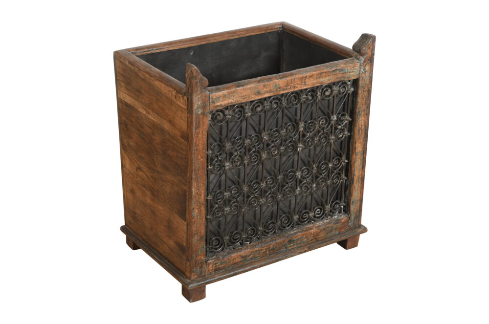 Indian Reclaimed Pair (2) Of Teak Wood And Iron Planters - Image 2