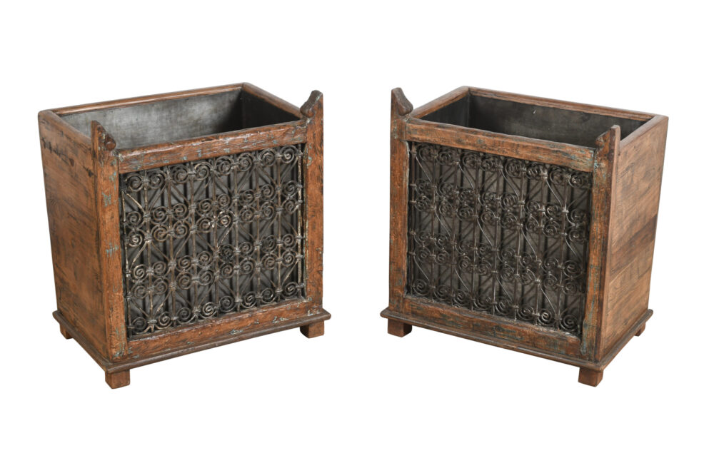 Indian Reclaimed Pair (2) Of Teak Wood And Iron Planters