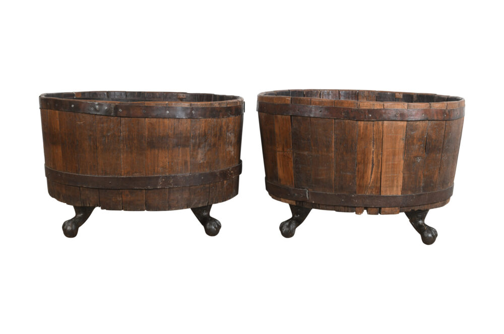 Antique Pair (2) Of Teak Wood Indian Reclaimed Barrel Plantes - Image 8