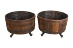 Antique Pair (2) Of Teak Wood Indian Reclaimed Barrel Plantes