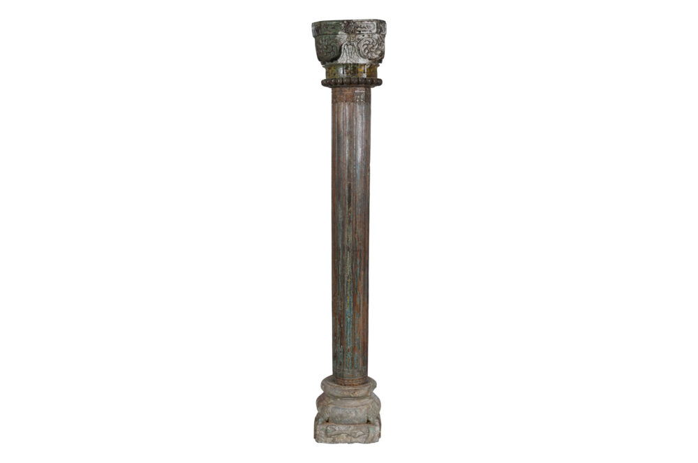 Antique Indian Teak Wood And Stone Set of 4 Pillars