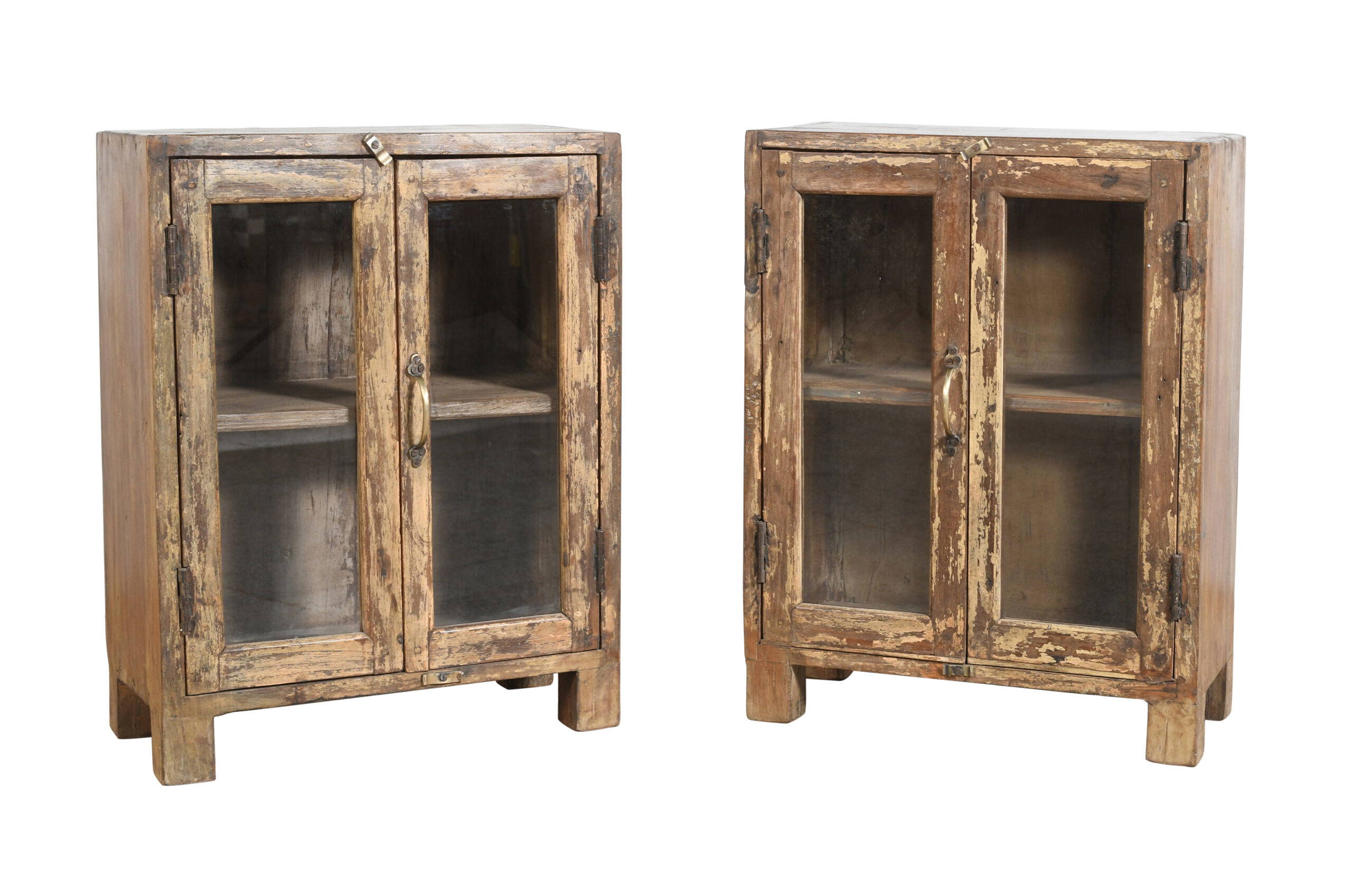 Antique Indian Teak Wood Matching Pair (2) of Glass Fronted Bedside Cabinets - Image 2