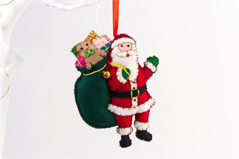 Handmade Felt Santa with His Sack Christmas Tree Hanging Decoration - 13 cm
