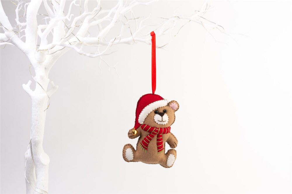 Handmade Felt Teddy Bear Red Scarf Christmas Tree Hanging Decoration - 13 cm - Image 2
