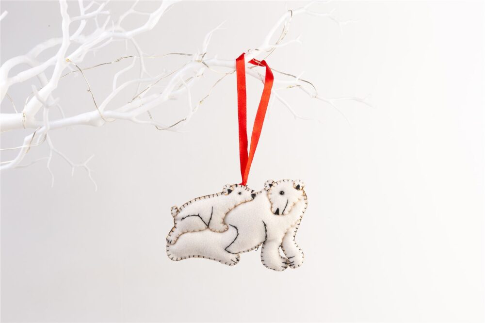 Handmade Felt Polar Bear with Cub Christmas Tree Hanging Decoration - 7.5 cm - Image 2
