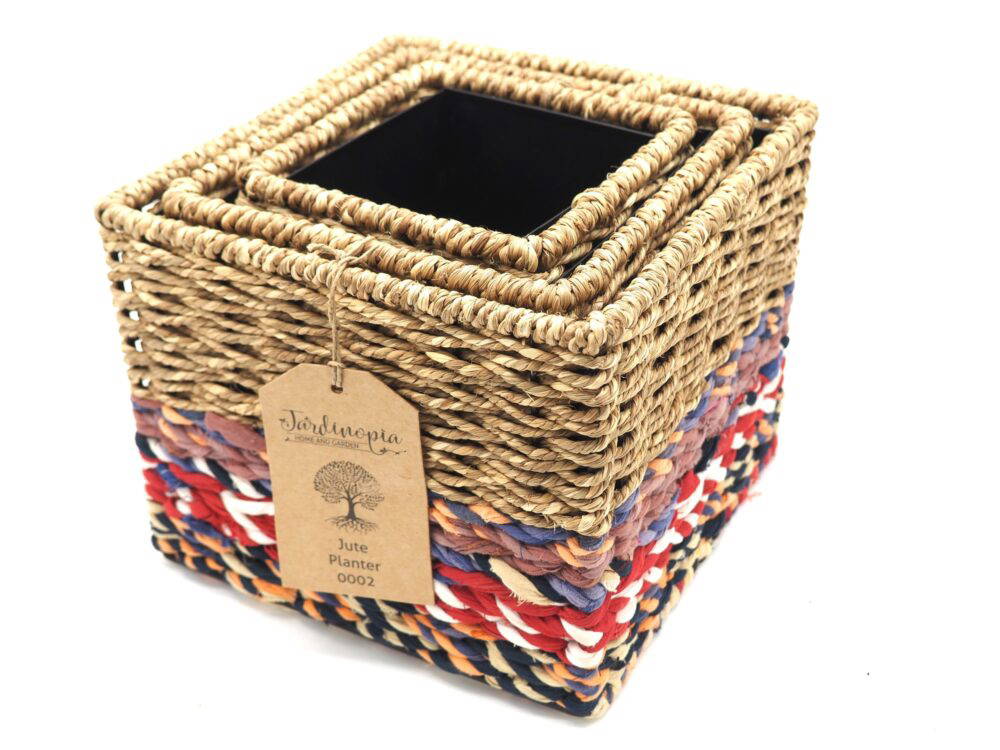 Munja And Reclaimed Sari Fabric Planter Set Of 3 - Image 3