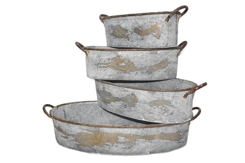 Antique Style Whitewashed  Planter Set Of Succulent And Cacti Trays With Copper Handles - Set Of 4 - Image 2