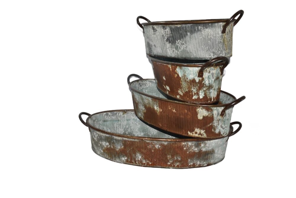 Antique Style Rustic Bathtub Planter Set With Copper Handles - Set Of 4 - Image 2