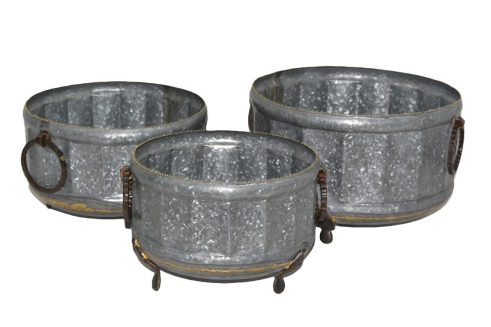 Antique Style Galvanized Round Planter Set With Copper Swing Handles And Raised Tripod Feet - Set Of 3 - Image 2