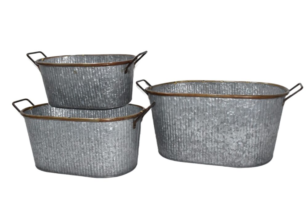 Large Antique Style Galvanized Planter Set With Copper Handles - Set Of 3 - Image 2