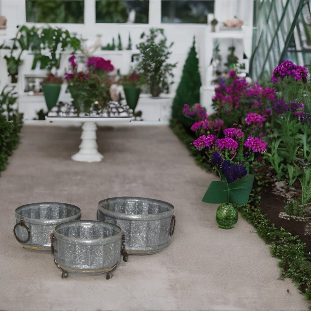 Antique Style Galvanized Round Planter Set With Copper Swing Handles And Raised Tripod Feet - Set Of 3 - Image 4