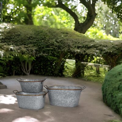 Large Antique Style Galvanized Planter Set With Copper Handles - Set Of 3