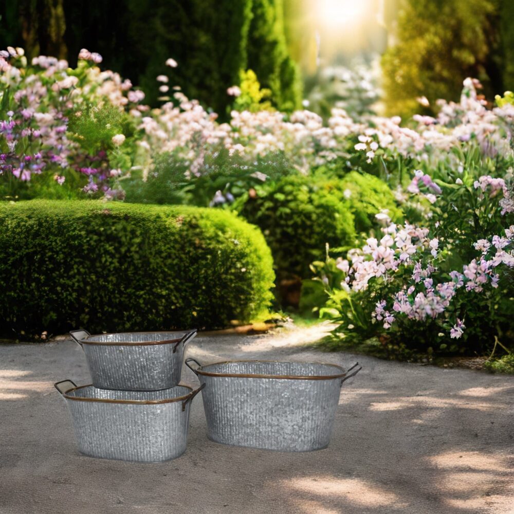 Large Antique Style Galvanized Planter Set With Copper Handles - Set Of 3 - Image 3