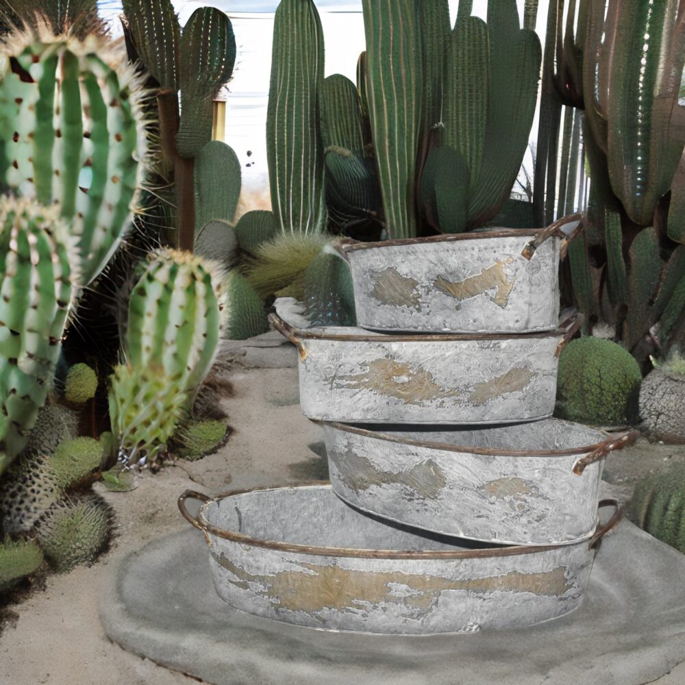 Antique Style Whitewashed  Planter Set Of Succulent And Cacti Trays With Copper Handles - Set Of 4 - Image 4