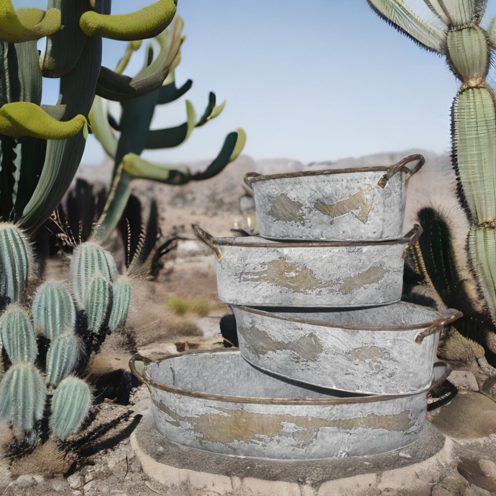 Antique Style Whitewashed  Planter Set Of Succulent And Cacti Trays With Copper Handles - Set Of 4 - Image 3