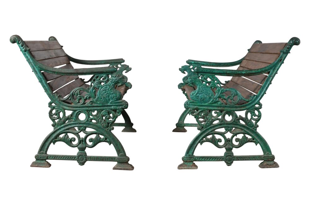 Matching Pair Of Antique Indian Cast Iron And Teak Wood Garden Benches In The Form Of A Dragon - Image 2