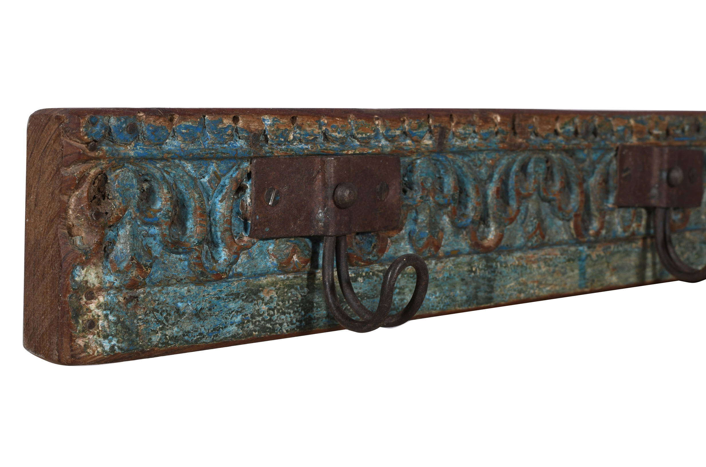Antique Indian Painted Teak Wood Coat Hook Panel - Image 3