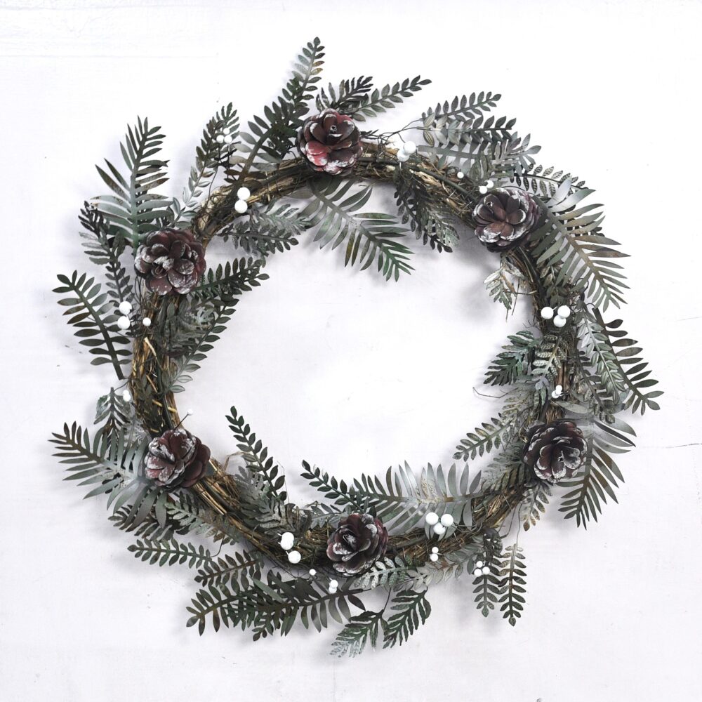 Christmas Artisan Fairtrade Metal Pine Cone and Leaf Wreath Door Decoration