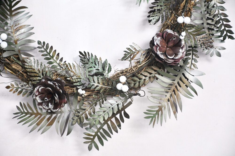 Christmas Artisan Fairtrade Metal Pine Cone and Leaf Wreath Door Decoration - Image 2