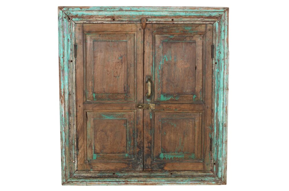 Antique Indian Teak Wood Shutter Windows Mirror - Image 3