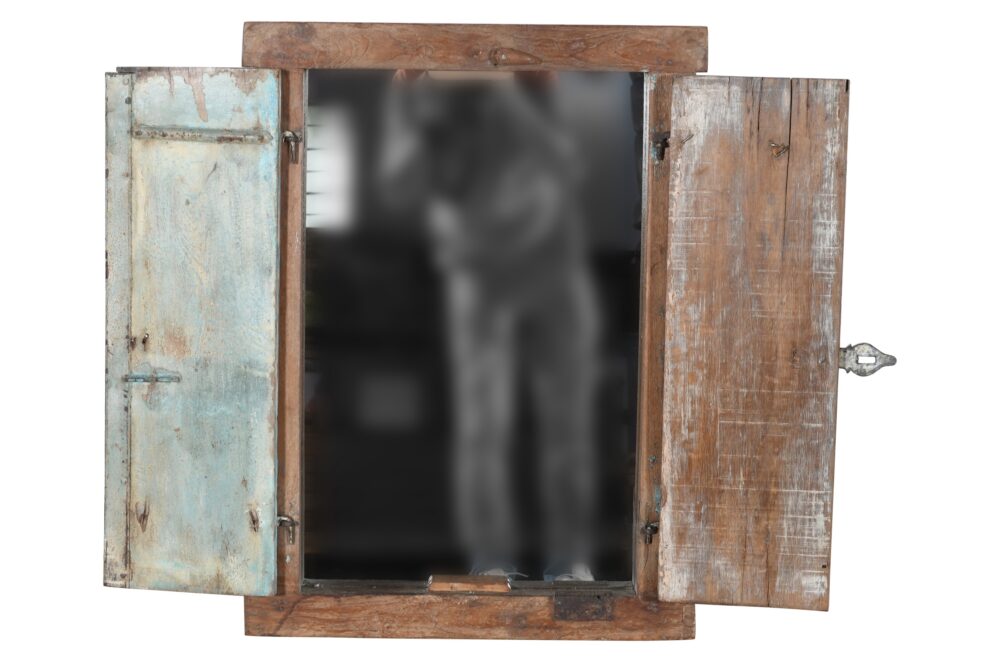 Antique Indian Teak Wood Shutter Windows Mirror - Image 3