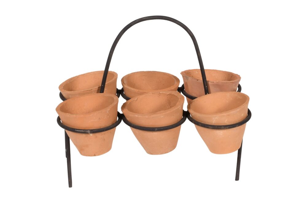 Vintage Indian Hand Thrown Terracotta Set of 6 Plant Pots With Iron Carry Display Stand