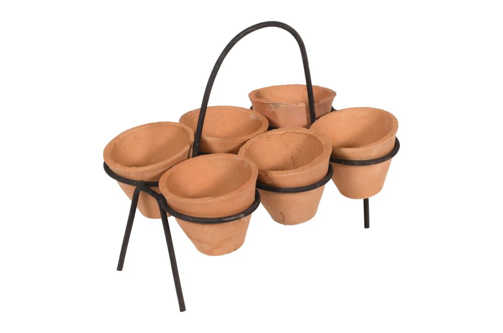 Vintage Indian Hand Thrown Terracotta Set of 6 Plant Pots With Iron Carry Display Stand - Image 3