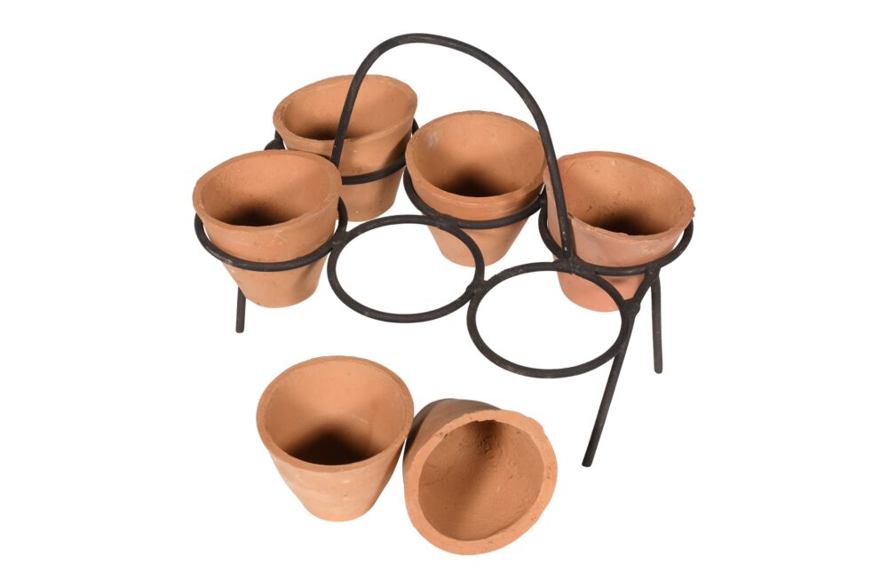 Vintage Indian Hand Thrown Terracotta Set of 6 Plant Pots With Iron Carry Display Stand - Image 2