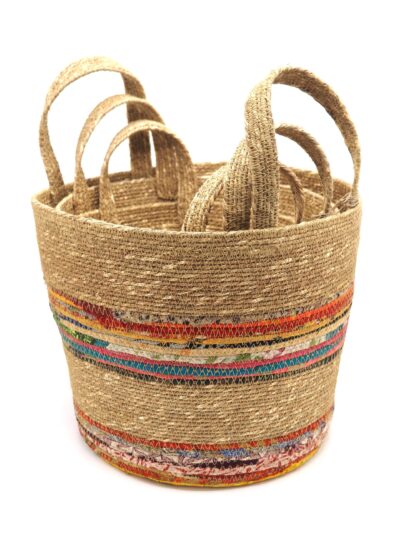 Munja And Reclaimed Fabric Eco Plant Pot Cover With Handles - Set Of 3