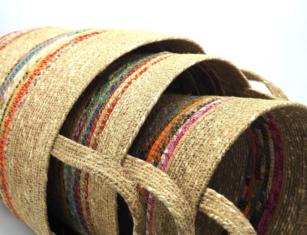 Munja And Reclaimed Fabric Eco Plant Pot Cover With Handles - Set Of 3 - Image 2