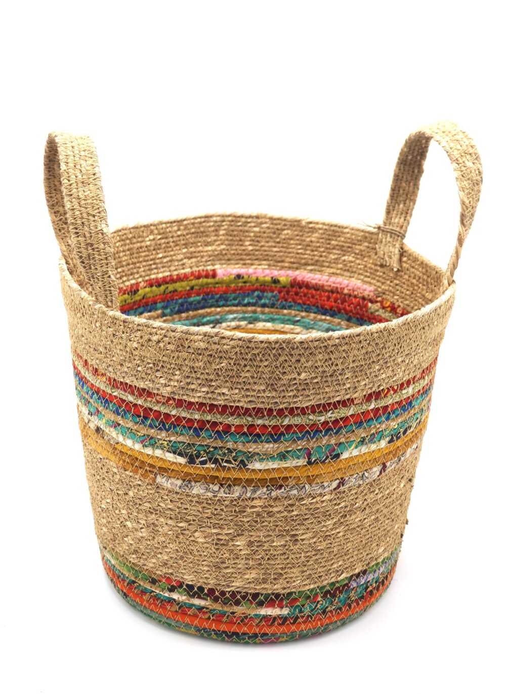 Munja And Reclaimed Fabric Eco Plant Pot Cover With Handles - Medium