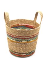 Munja And Reclaimed Fabric Eco Plant Pot Cover With Handles - Medium