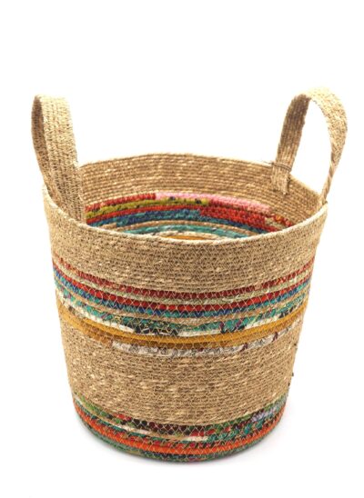 Munja And Reclaimed Fabric Eco Plant Pot Cover With Handles - Medium