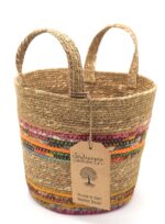 Munja And Reclaimed Fabric Eco Plant Pot Cover With Handles - Small