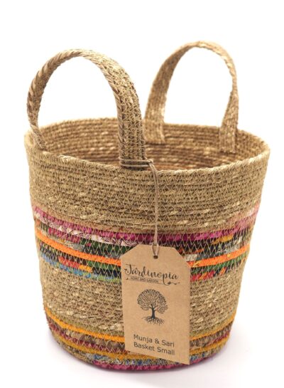 Munja And Reclaimed Fabric Eco Plant Pot Cover With Handles - Small