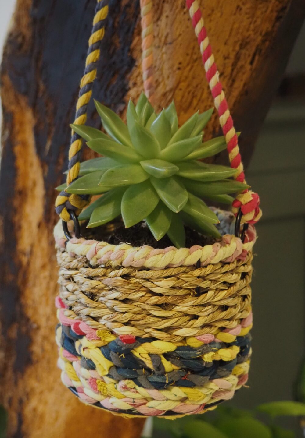 Munja and Reclaimed Fabric Eco Hanging Planter with Removable Metal Liner - Small - Image 3