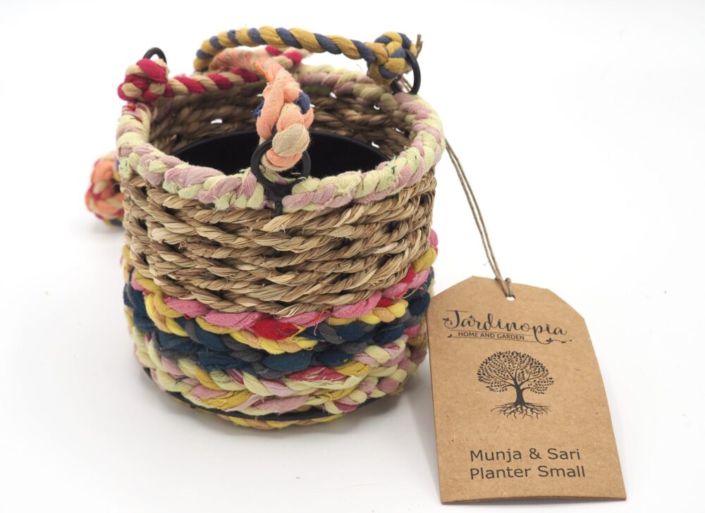 Munja and Reclaimed Fabric Eco Hanging Planter with Removable Metal Liner - Small - Image 4