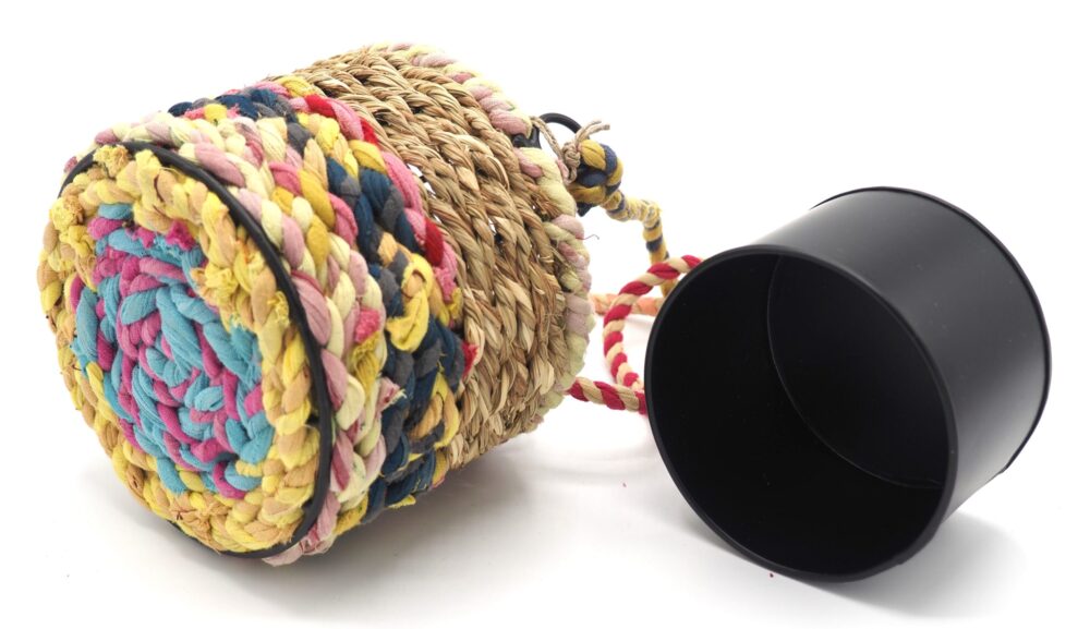 Munja and Reclaimed Fabric Eco Hanging Planter with Removable Metal Liner - Small - Image 6