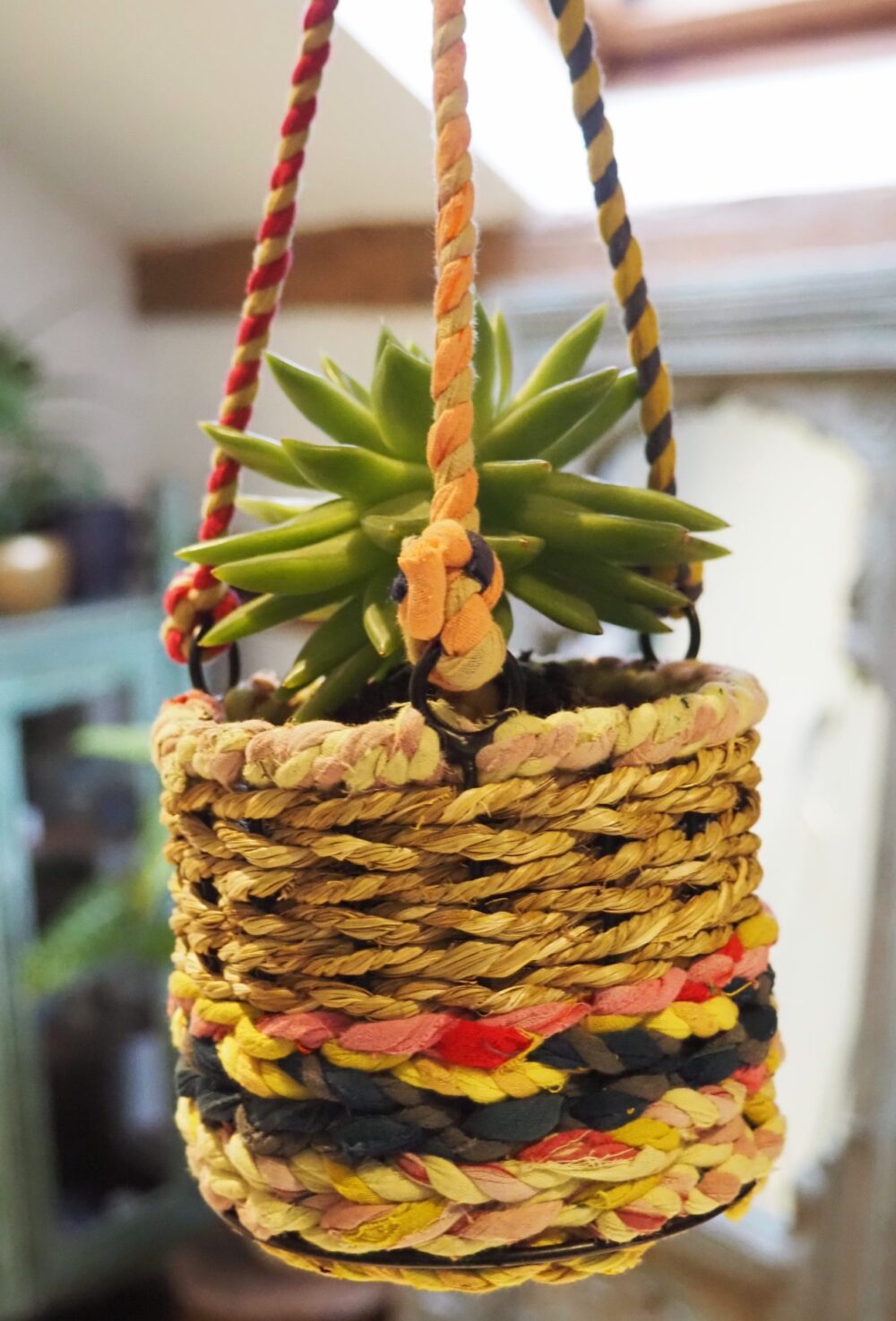 Munja and Reclaimed Fabric Eco Hanging Planter with Removable Metal Liner - Small - Image 8