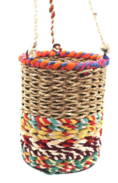 Munja and Reclaimed Fabric Eco Hanging Planter with Removable Metal Liner - Small / Tall
