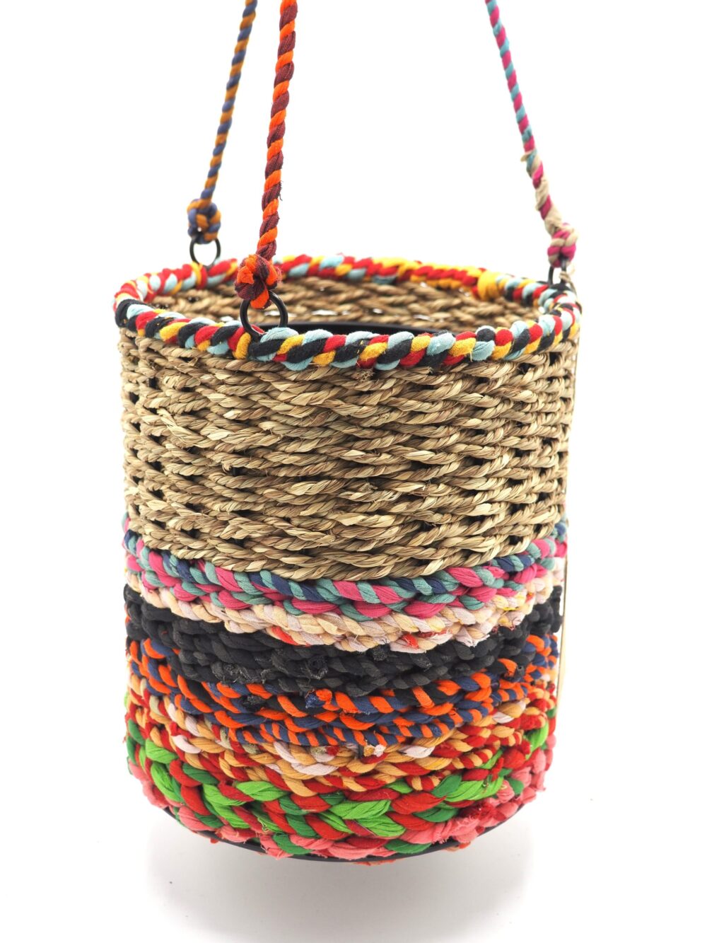 Munja and Reclaimed Fabric Eco Hanging Planter with Removable Metal Liner - Set of 3 - Image 4