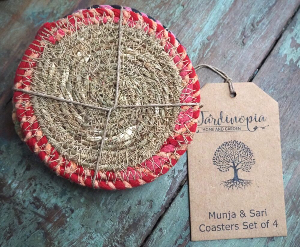 Munja And Reclaimed Fabric Eco Drinks Coasters Or Plant Pot Stands - Set Of 4
