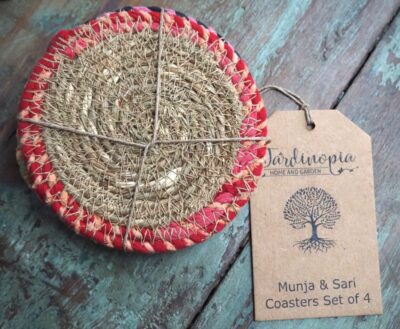 Munja And Reclaimed Fabric Eco Drinks Coasters Or Plant Pot Stands - Set Of 4