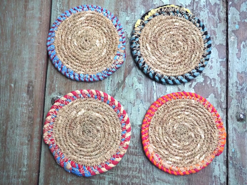 Munja And Reclaimed Fabric Eco Drinks Coasters Or Plant Pot Stands - Set Of 4 - Image 4