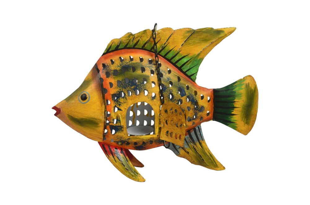 Sunset Glow Colour Fish Garden Pendant - Recycled Iron Hanging Tealight Lantern - Image 2
