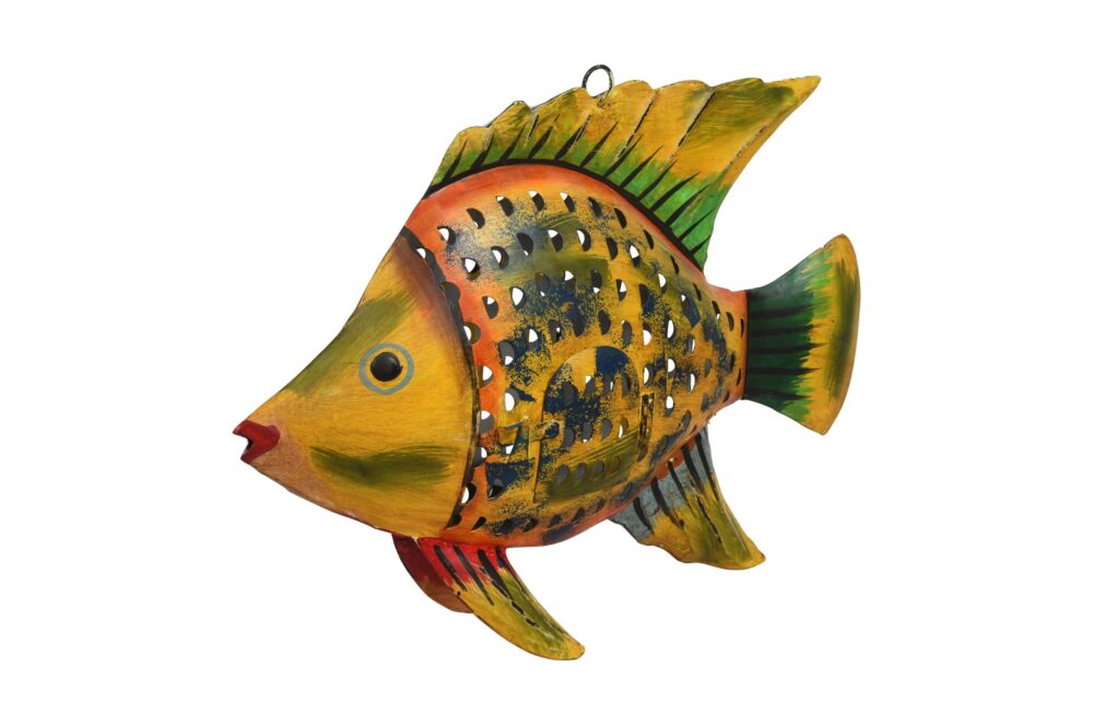 Sunset Glow Colour Fish Garden Pendant - Recycled Iron Hanging Tealight Lantern - Image 3